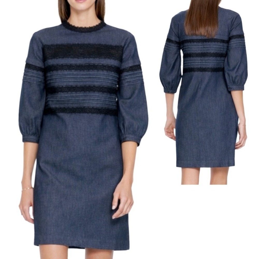 Banana Republic Denim Lace Trim Pin-Tuck‎ 3/4 Sleeves Shift Dress Blue Size 2